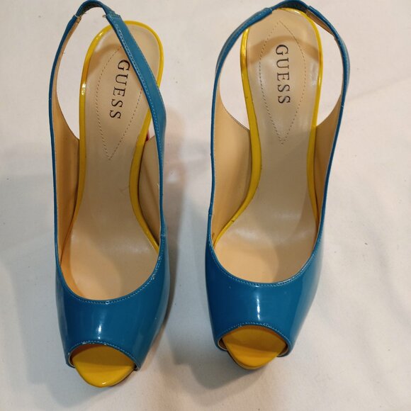 GUESS PRIMARY COLOURS PATENT LEATHER HIGH HEEL SLING BACK PUMP WOMEN SIZE 10 - Picture 3 of 7